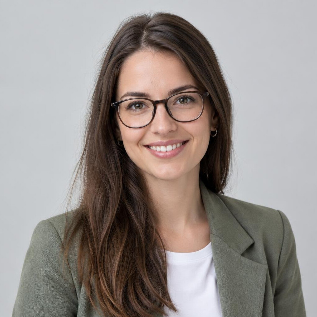 Studio portrait of a smiling young woman with glasses