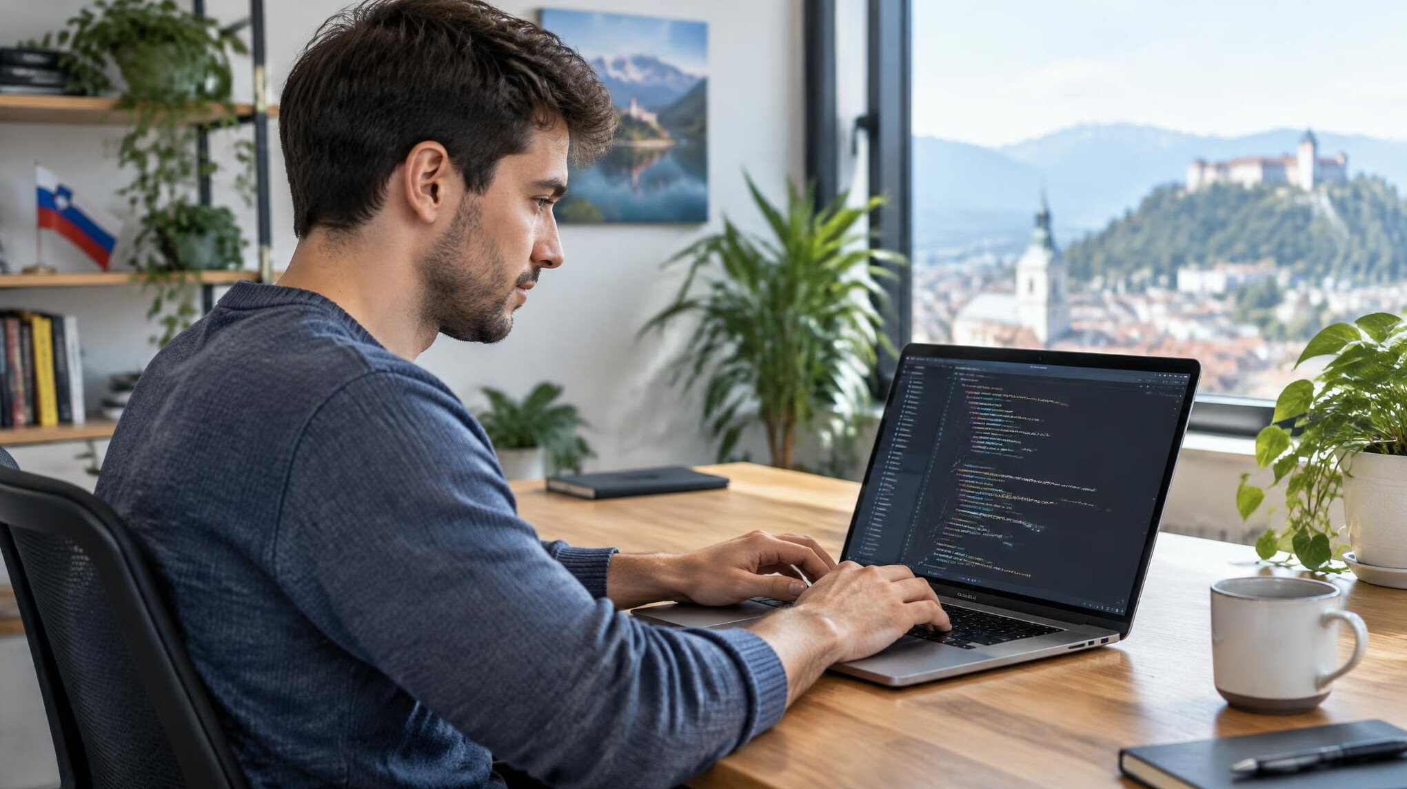 Young man coding on a laptop with lines of code on screen