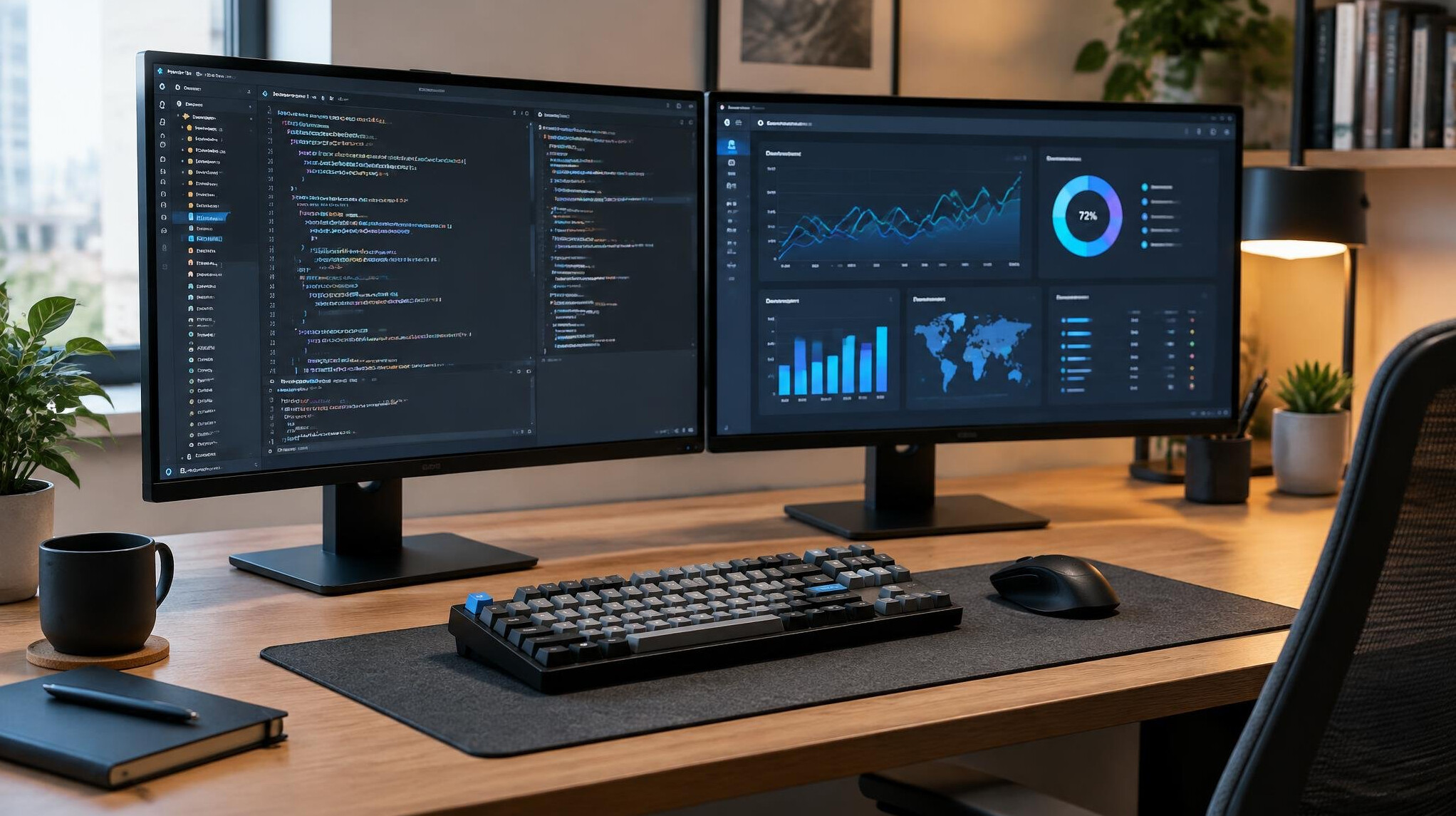 Workspace with multiple monitors showing code and data charts
