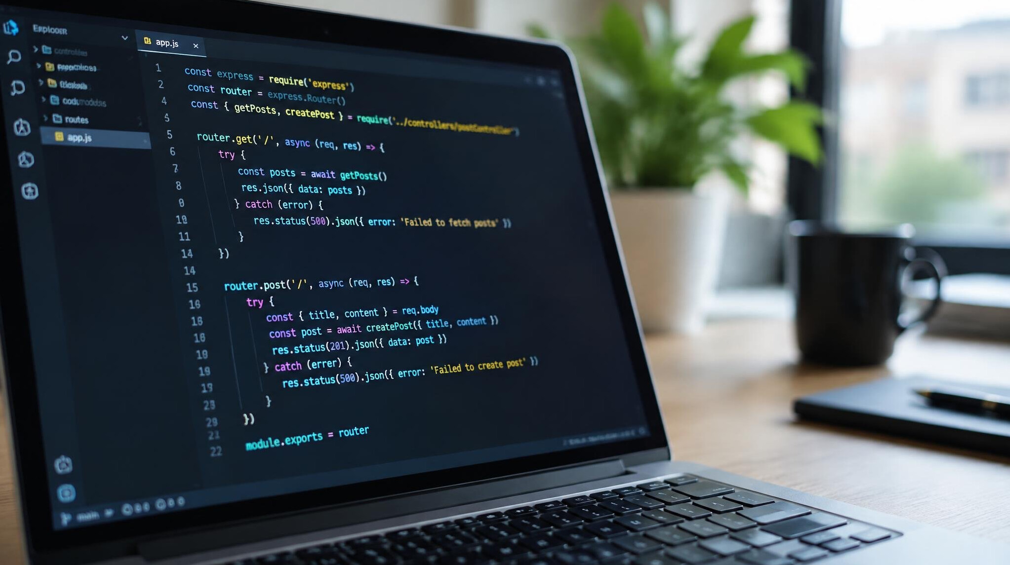Close-up of a laptop screen showing colorful lines of programming code